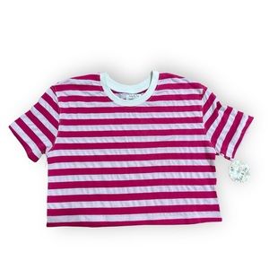 NWT Boutique Striped Crew Neck Short Sleeve Hot Pink/White Crop Top